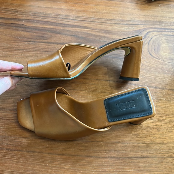 Zara cognac asymmetrical leather block heeled sandals 37 - Picture 6 of 7
